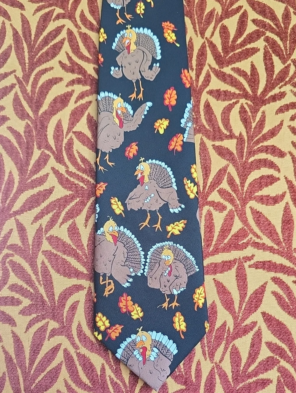 Men's Black Tie with Playful Turkey and Autumn Leaf Print